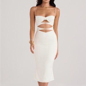 House of CB Amalia Cupped Corset Satin Midi Dress in Ivory, Regular Cup A-C